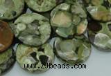 CPS87 15.5 inches 20mm faceted flat round green peacock stone beads