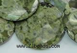 CPS88 15.5 inches 40mm faceted flat round green peacock stone beads