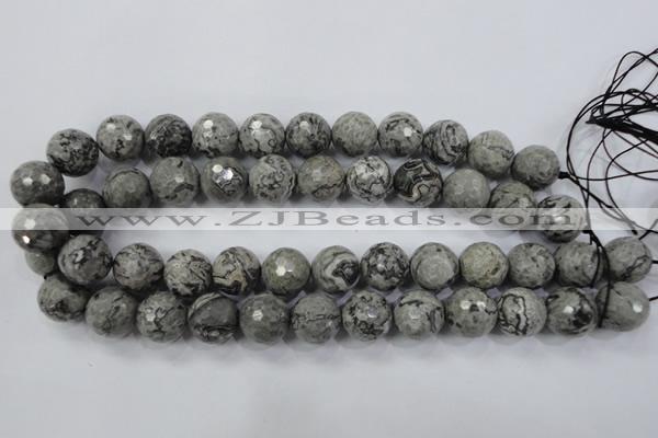 CPT116 15.5 inches 16mm faceted round grey picture jasper beads