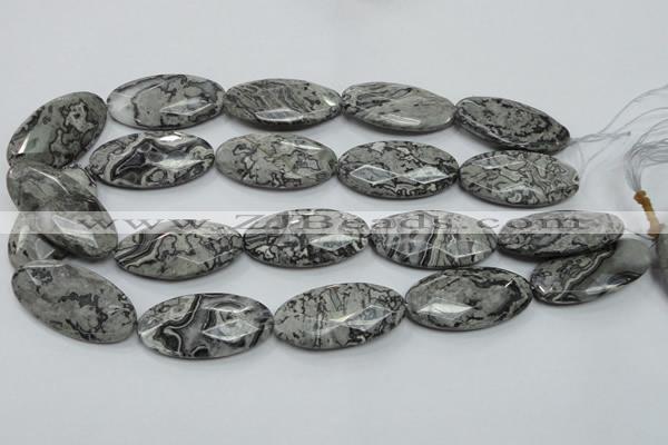 CPT128 15.5 inches 20*40mm faceted oval grey picture jasper beads