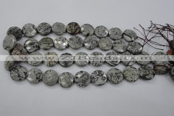 CPT141 15.5 inches 20mm faceted coin grey picture jasper beads