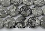 CPT164 15.5 inches 14mm flat round grey picture jasper beads