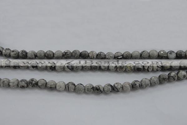 CPT187 15.5 inches 6mm faceted round grey picture jasper beads