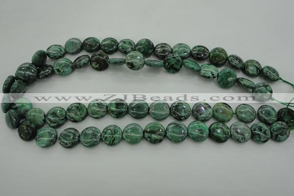 CPT328 15.5 inches 14mm flat round green picture jasper beads