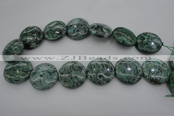 CPT333 15.5 inches 30mm flat round green picture jasper beads