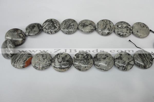 CPT360 15.5 inches 25mm flat round grey picture jasper beads