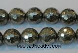 CPY110 15.5 inches 14mm faceted round pyrite gemstone beads wholesale