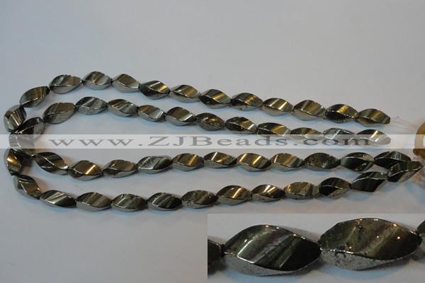 CPY347 15.5 inches 8*16mm twisted rice pyrite gemstone beads wholesale