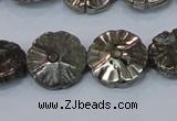 CPY660 15.5 inches 15mm carved flower pyrite gemstone beads