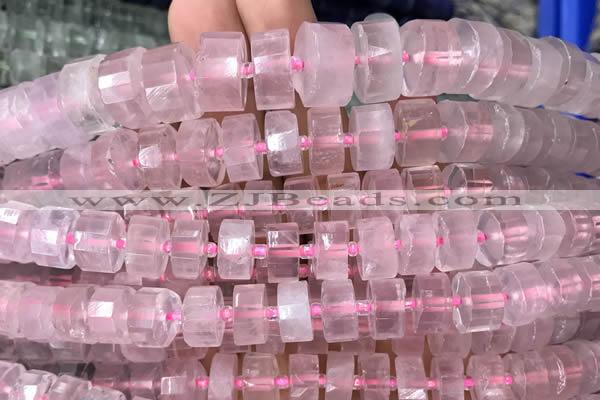 CRB2006 15.5 inches 9mm - 10mm faceted tyre rose quartz beads