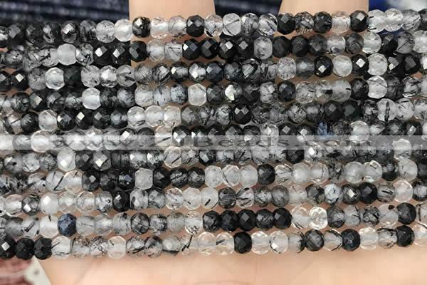 CRB2266 15.5 inches 3*4mm faceted rondelle black rutilated quartz beads