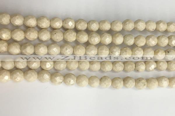 CRJ627 15.5 inches 6mm faceted round white fossil jasper beads