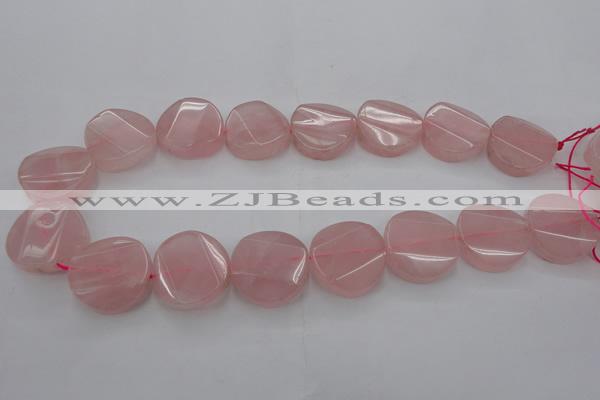 CRQ663 15.5 inches 25mm twisted coin rose quartz beads