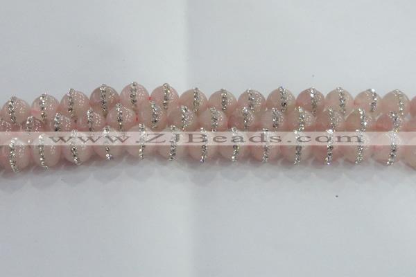 CRQ823 15.5 inches 12mm round rose quartz with rhinestone beads