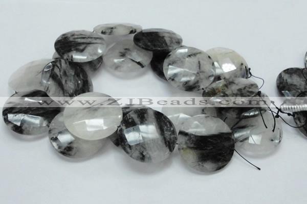 CRU07 15.5 inches 40mm faceted flat round black rutilated quartz beads