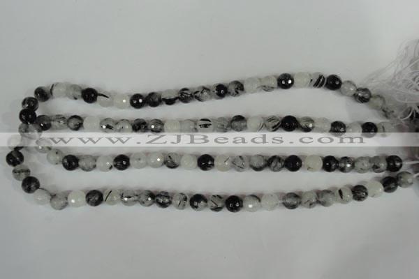 CRU313 15.5 inches 8mm faceted round black rutilated quartz beads