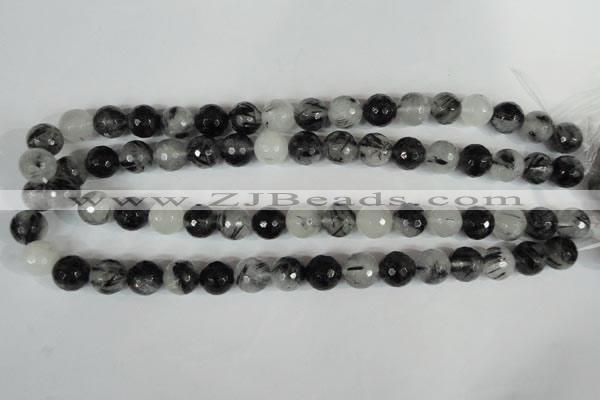 CRU315 15.5 inches 12mm faceted round black rutilated quartz beads
