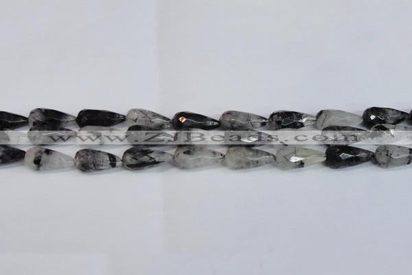 CRU350 15.5 inches 12*25mm faceted teardrop black rutilated quartz beads