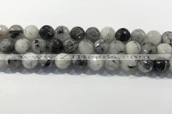 CRU935 15.5 inches 13mm faceted round black rutilated quartz beads