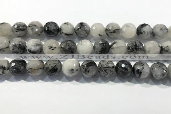 CRU936 15.5 inches 14mm faceted round black rutilated quartz beads