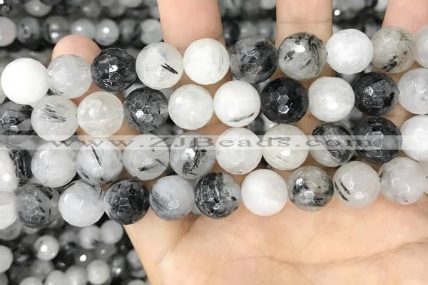 CRU969 15.5 inches 12mm faceted round black rutilated quartz beads