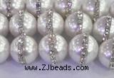 CSB1502 15.5 inches 10mm round shell pearl with rhinestone beads