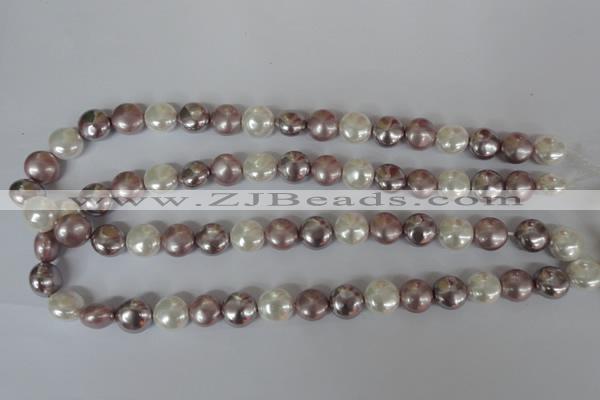 CSB184 15.5 inches 12mm flat round mixed color shell pearl beads
