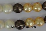 CSB185 15.5 inches 12mm flat round mixed color shell pearl beads