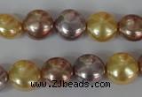 CSB186 15.5 inches 12mm flat round mixed color shell pearl beads