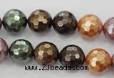 CSB512 15.5 inches 12mm faceted round mixed color shell pearl beads