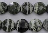 CSJ120 15.5 inches 15mm faceted coin green silver line jasper beads