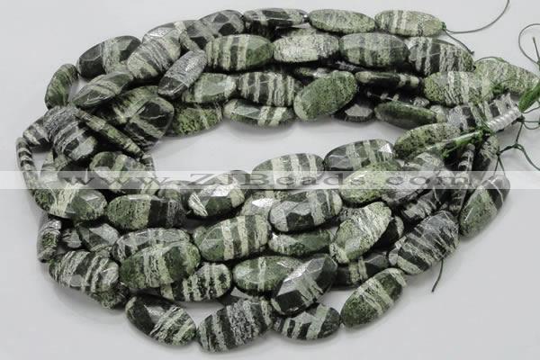 CSJ80 15.5 inches 15*30mm faceted oval green silver line jasper beads