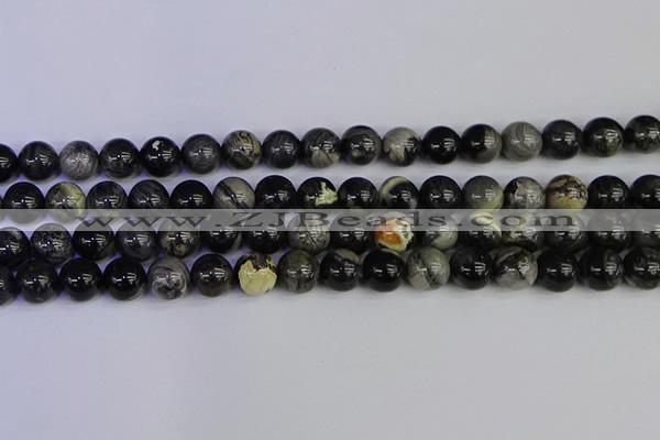 CSL214 15.5 inches 12mm round black silver leaf jasper beads