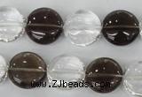 CSQ151 15.5 inches 15mm flat round white crystal & smoky quartz beads