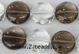 CSQ152 15.5 inches 18mm flat round white crystal & smoky quartz beads