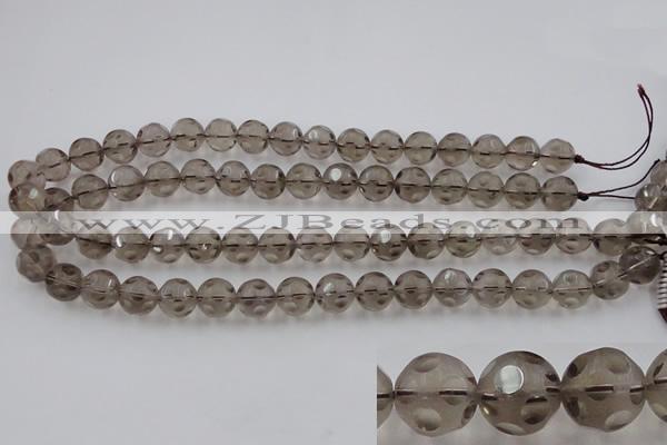 CSQ253 15.5 inches 12mm carved round matte smoky quartz beads