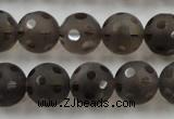 CSQ254 15.5 inches 14mm carved round matte smoky quartz beads