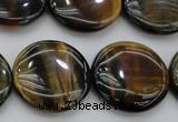 CTE1351 15.5 inches 25mm flat round yellow & blue tiger eye beads