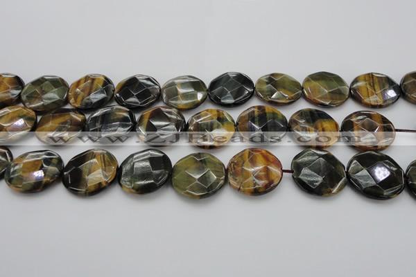 CTE1357 15.5 inches 25mm faceted coin yellow & blue tiger eye beads