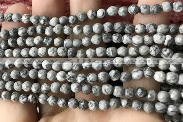 CTG3559 15.5 inches 4mm faceted round grey picture jasper beads