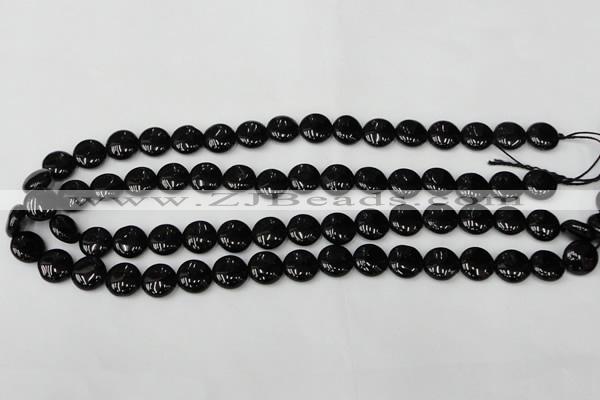 CTO128 15.5 inches 12mm flat round black tourmaline beads