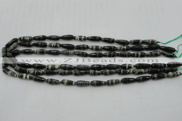 CTR10 15.5 inches 6*16mm faceted teardrop green silver line jasper beads