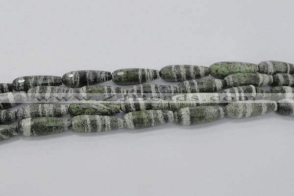 CTR140 15.5 inches 10*30mm faceted teardrop green silver line jasper beads