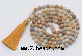 GMN1006 Hand-knotted 8mm, 10mm matte fossil coral 108 beads mala necklaces with tassel