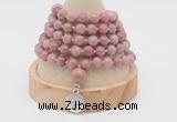 GMN1159 Hand-knotted 8mm, 10mm pink wooden jasper 108 beads mala necklaces with charm