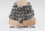 GMN1265 Hand-knotted 8mm, 10mm black water jasper 108 beads mala necklaces with charm