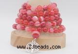 GMN1273 Hand-knotted 8mm, 10mm red banded agate 108 beads mala necklaces with charm