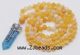 GMN1421 Hand-knotted 8mm, 10mm yellow banded agate 108 beads mala necklace with pendant