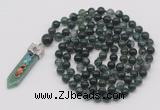 GMN1424 Hand-knotted 8mm, 10mm moss agate 108 beads mala necklace with pendant