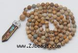 GMN1443 Hand-knotted 8mm, 10mm picture jasper 108 beads mala necklace with pendant